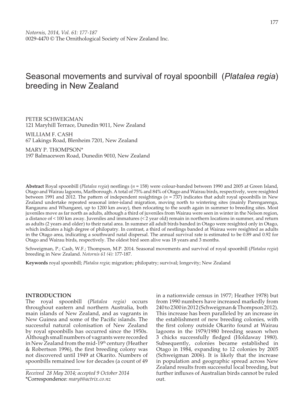 Seasonal Movements and Survival of Royal Spoonbill (Platalea Regia) Breeding in New Zealand