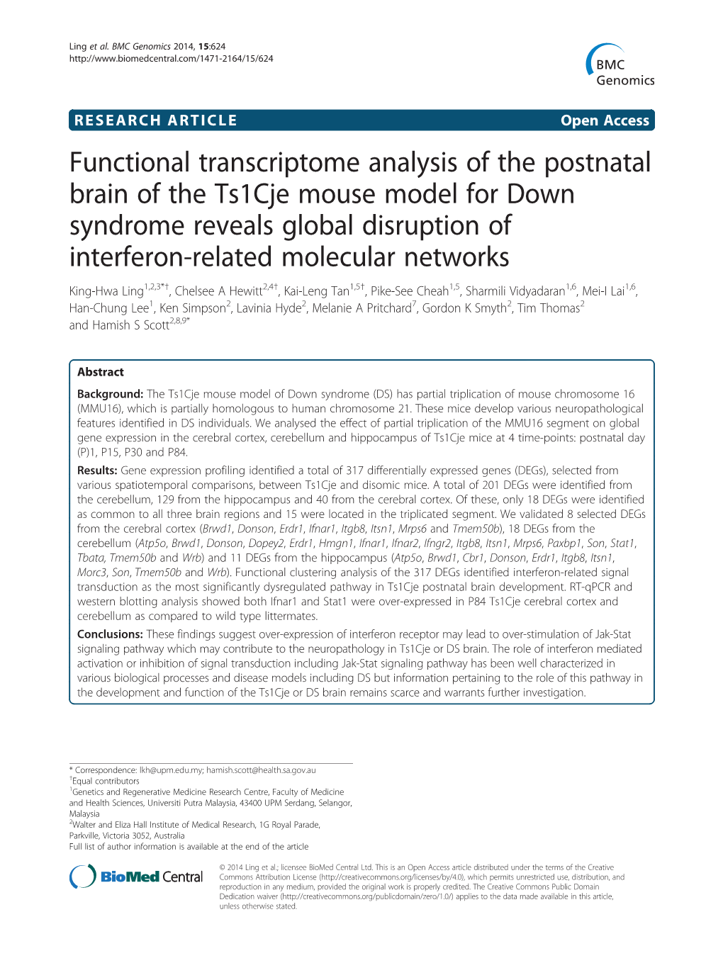Functional Transcriptome Analysis of the Postnatal Brain of the Ts1cje