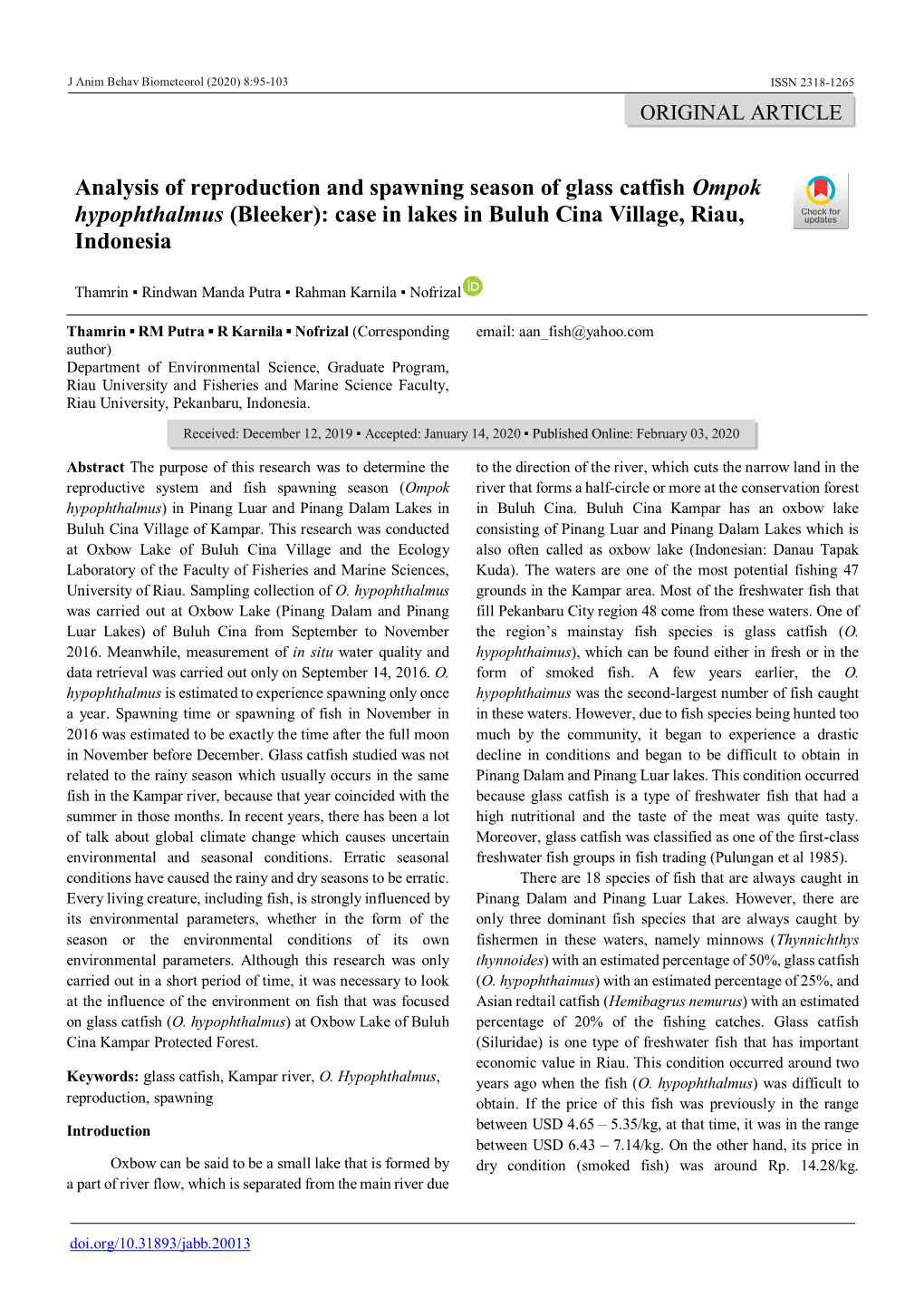 Analysis of Reproduction and Spawning Season of Glass Catfish Ompok