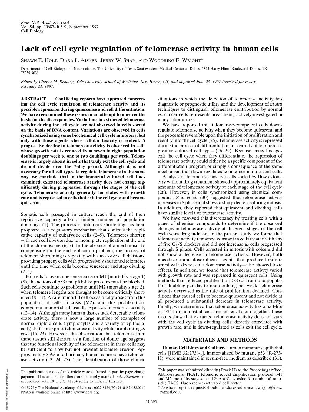 Lack of Cell Cycle Regulation of Telomerase Activity in Human Cells