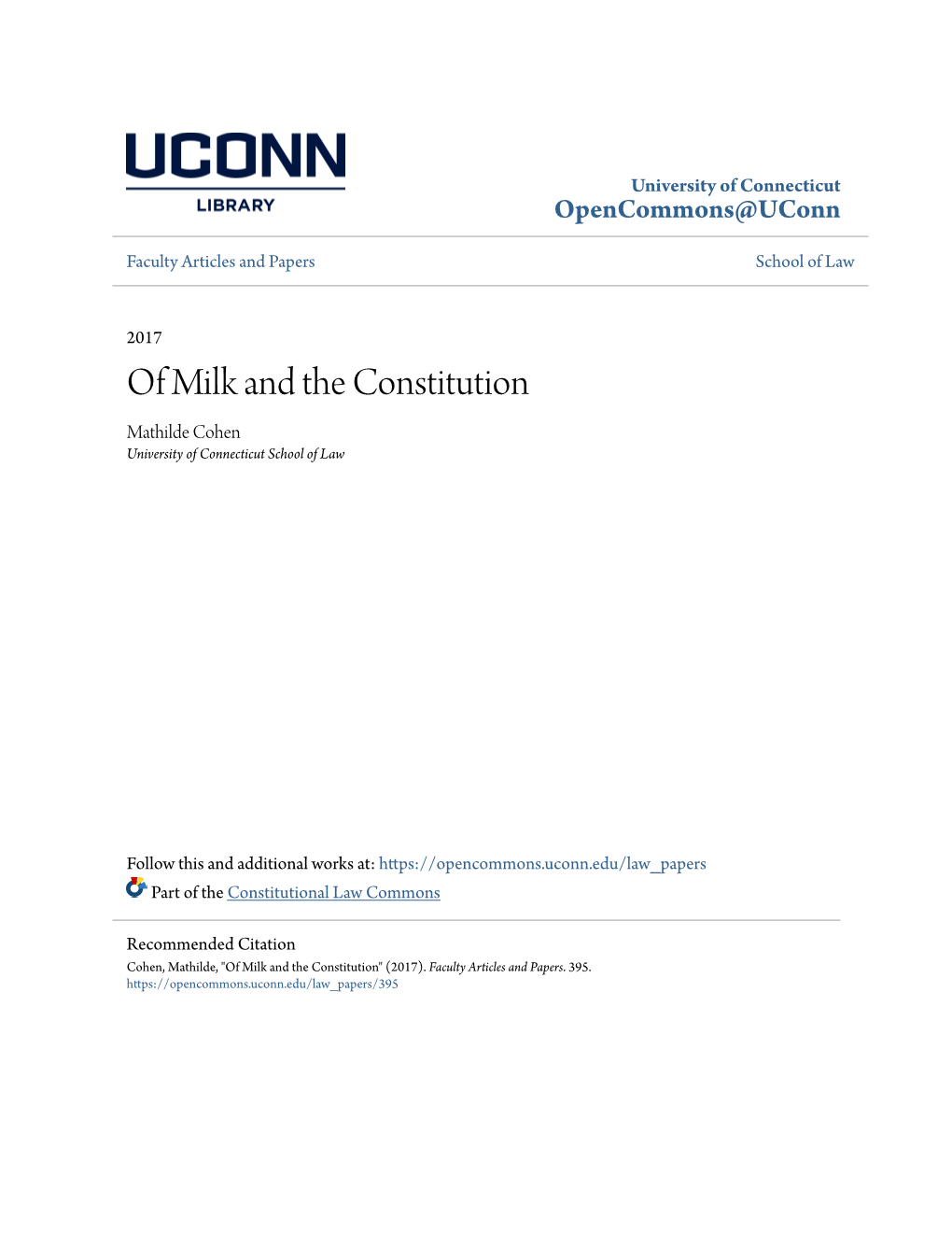Of Milk and the Constitution Mathilde Cohen University of Connecticut School of Law