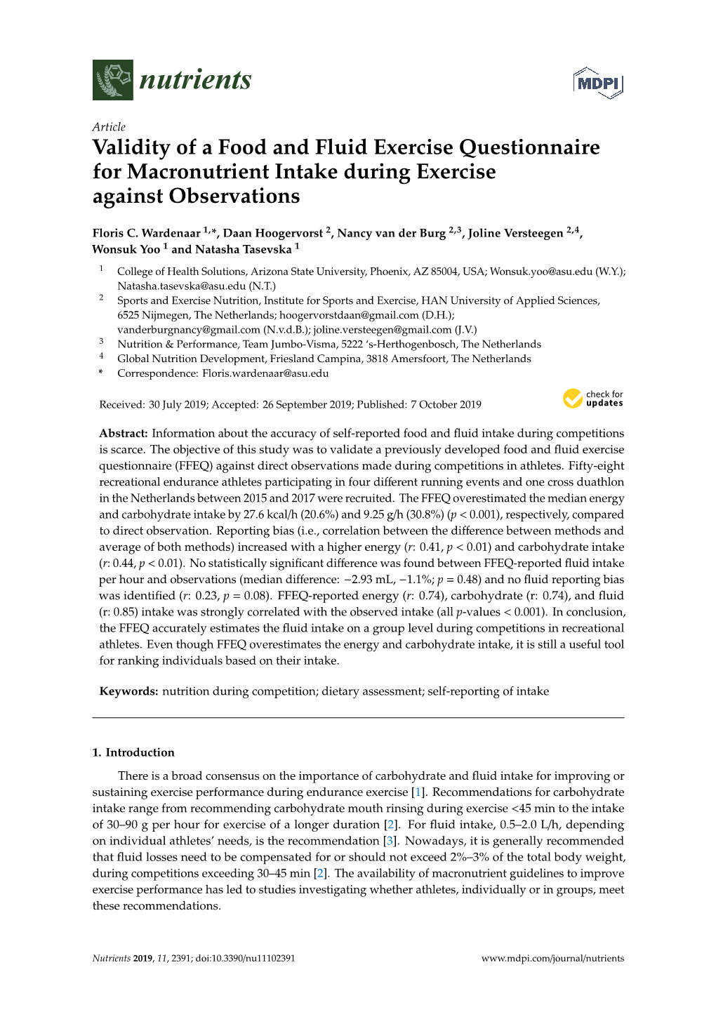Validity of a Food and Fluid Exercise Questionnaire for Macronutrient Intake During Exercise Against Observations