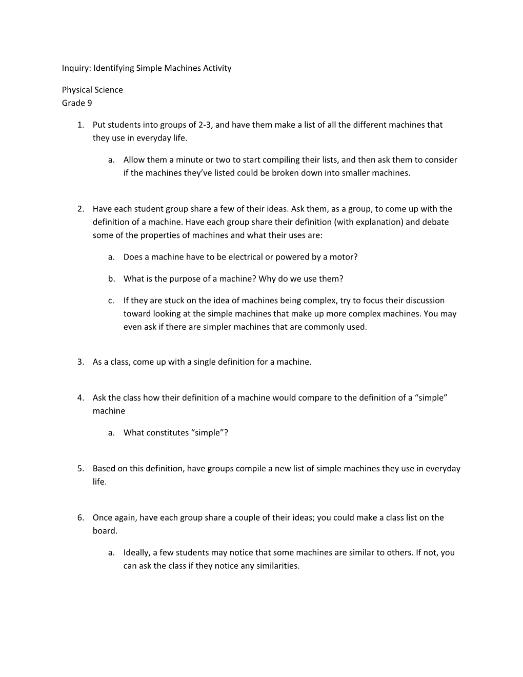 Inquiry: Identifying Simple Machines Activity