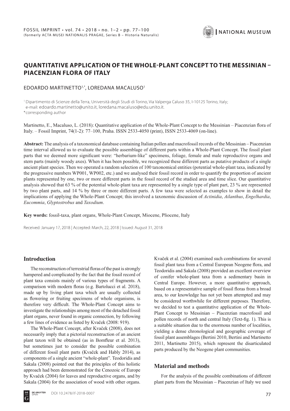 Quantitative Application of the Whole-Plant Concept to the Messinian – Piacenzian Flora of Italy