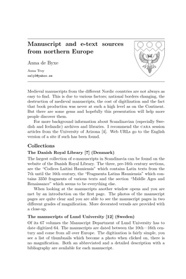 Manuscript and E-Text Sources from Northern Europe