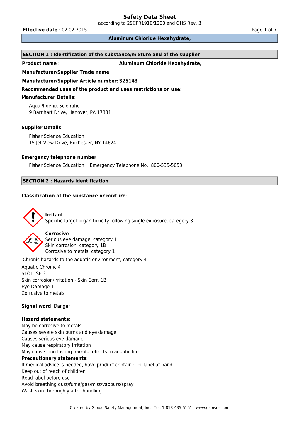 Safety Data Sheet According to 29CFR1910/1200 and GHS Rev