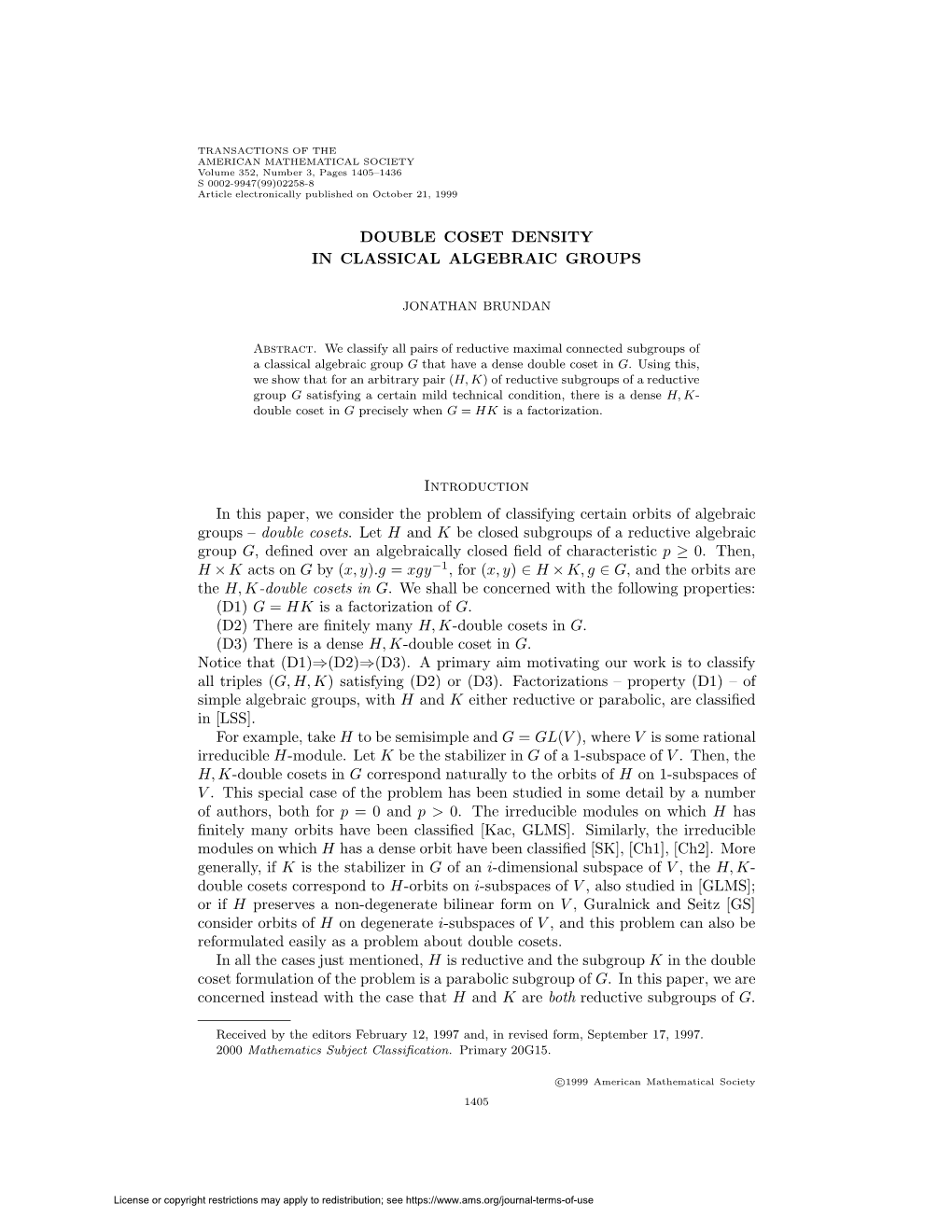 Double Coset Density in Classical Algebraic Groups