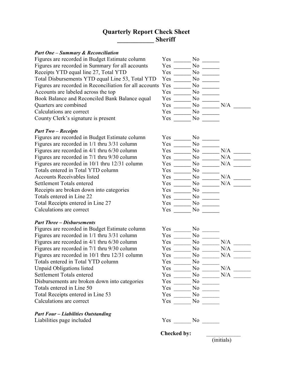 Quarterly Report Check Sheet