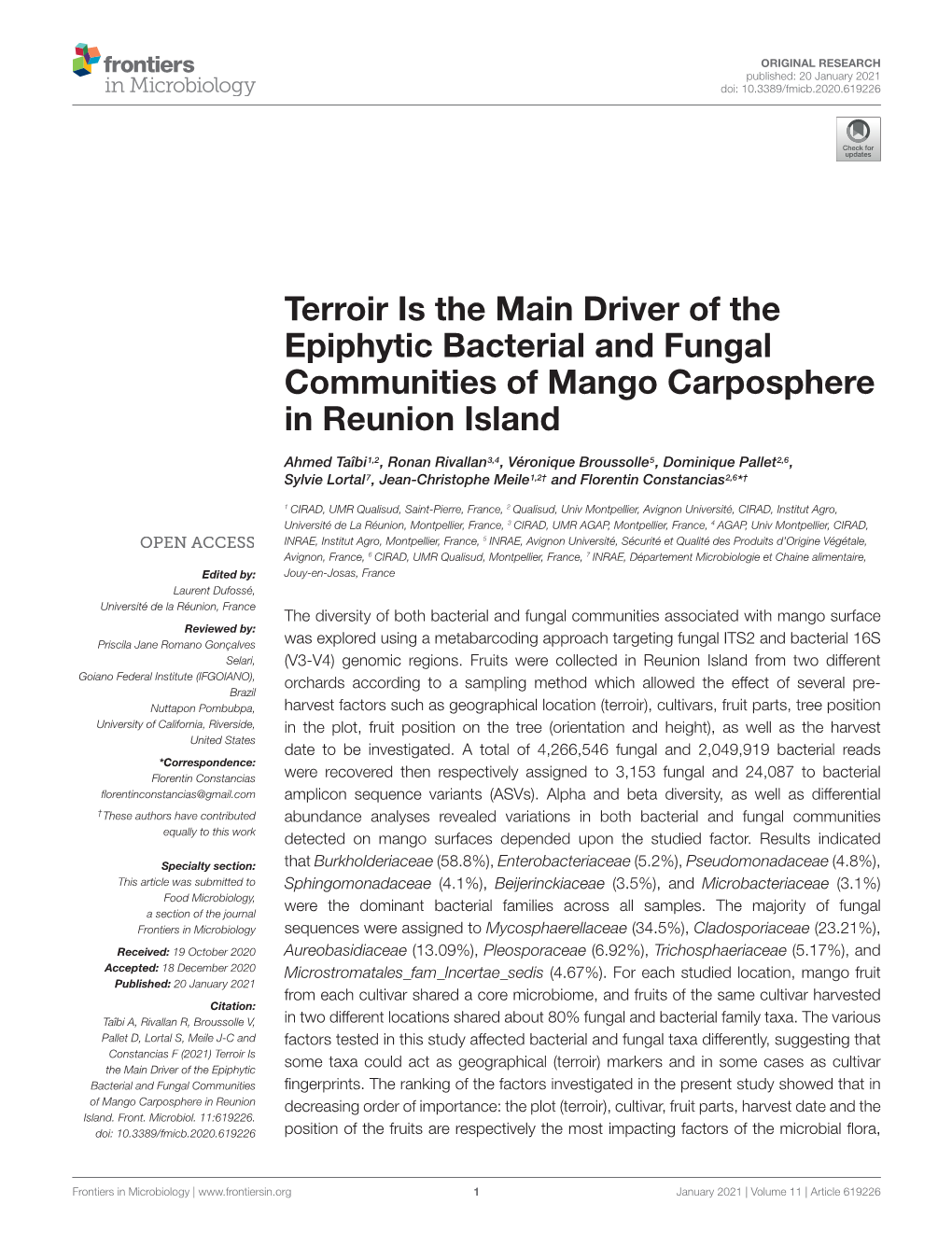 Terroir Is the Main Driver of the Epiphytic Bacterial and Fungal Communities of Mango Carposphere in Reunion Island