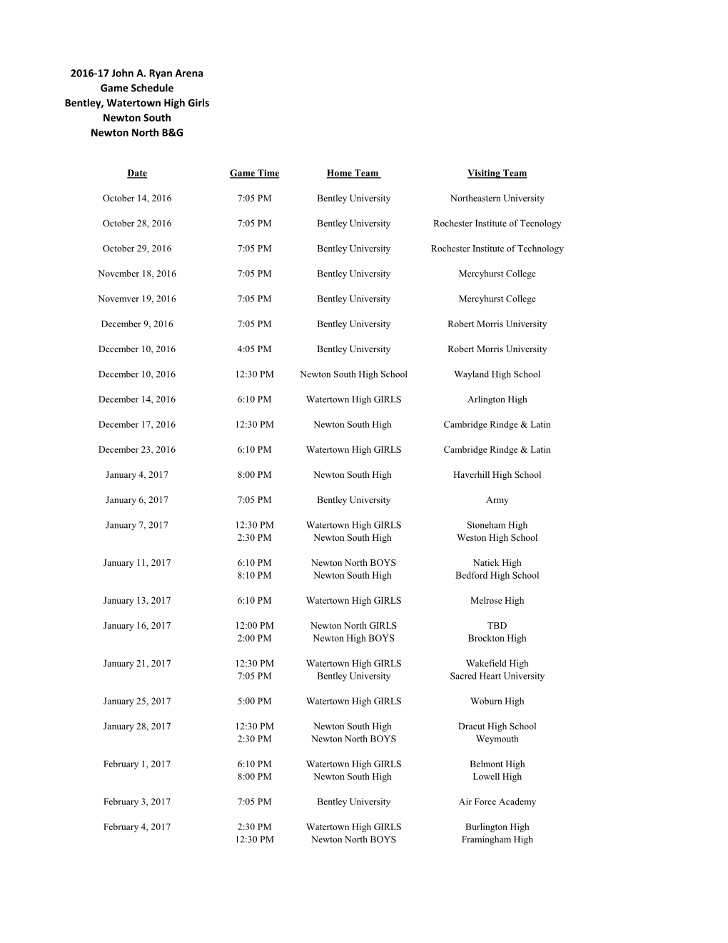 2016-17 John A. Ryan Arena Game Schedule Bentley, Watertown High Girls Newton South Newton North B&G