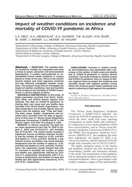 Impact of Weather Conditions on Incidence and Mortality of COVID-19 Pandemic in Africa