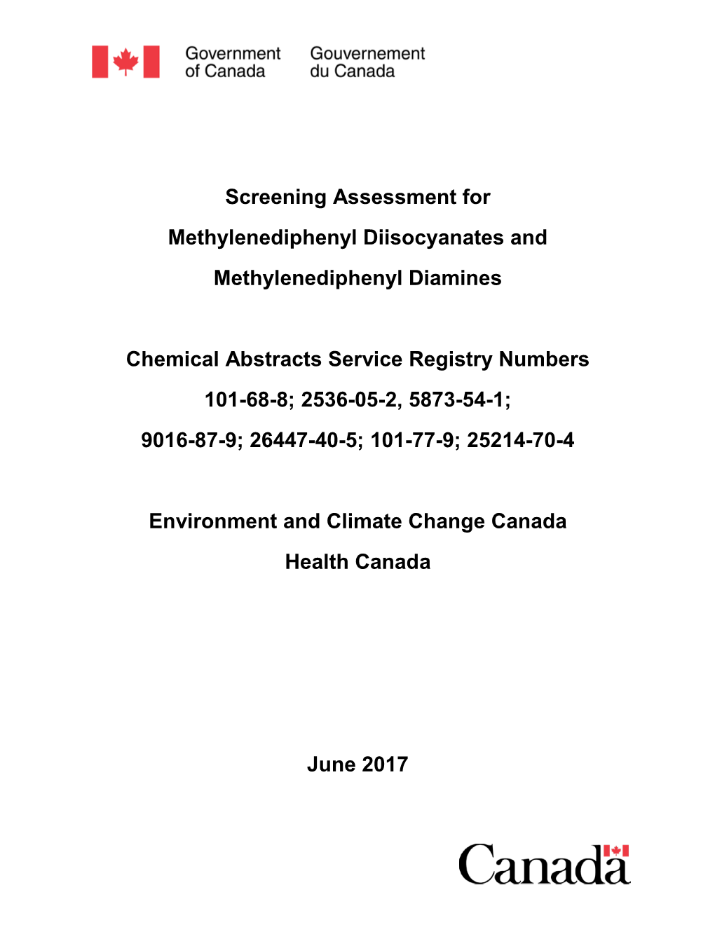 Screening Assessment for Methylenediphenyl Diisocyanates and Methylenediphenyl Diamines