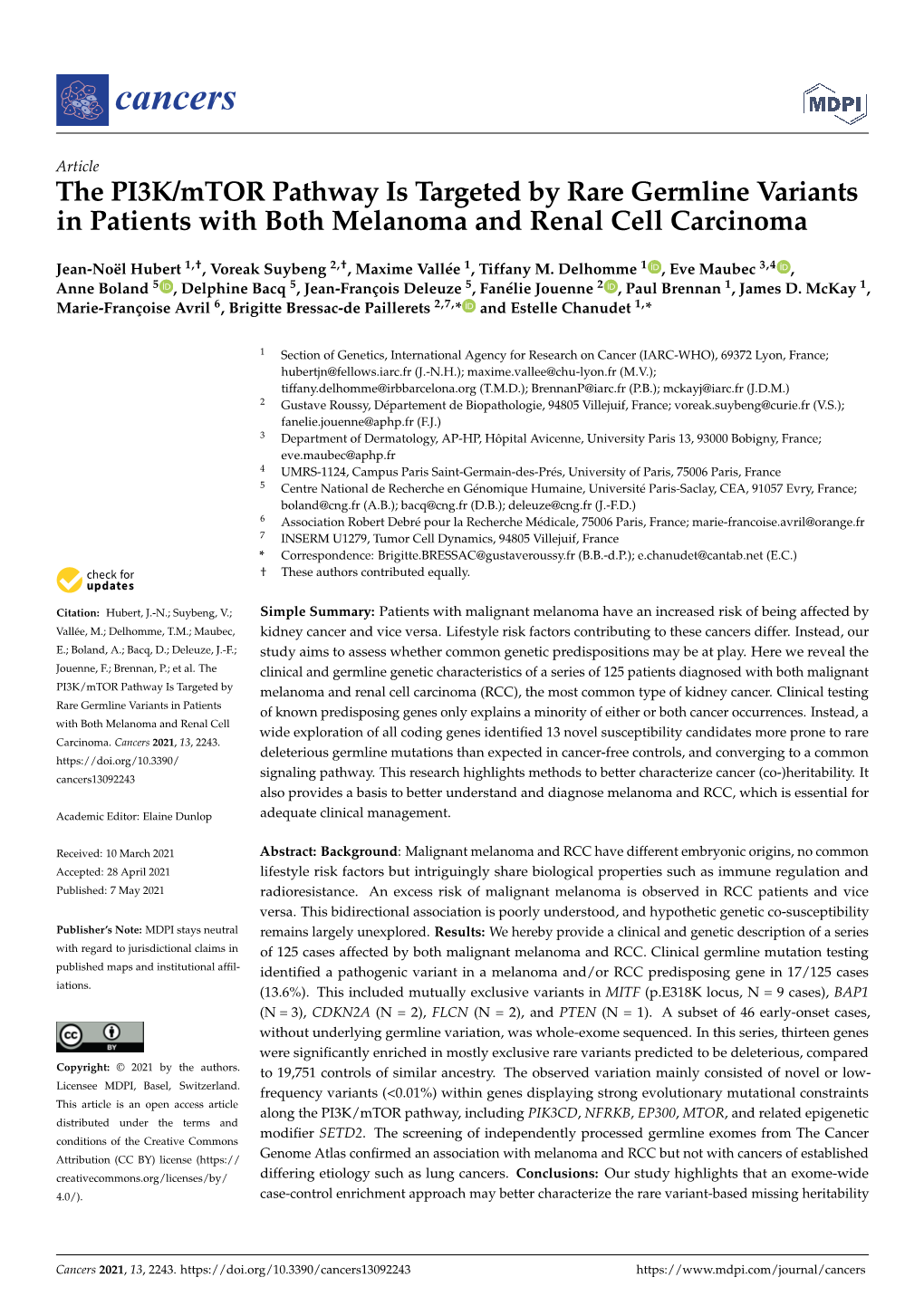 The PI3K/Mtor Pathway Is Targeted by Rare Germline Variants in Patients with Both Melanoma and Renal Cell Carcinoma