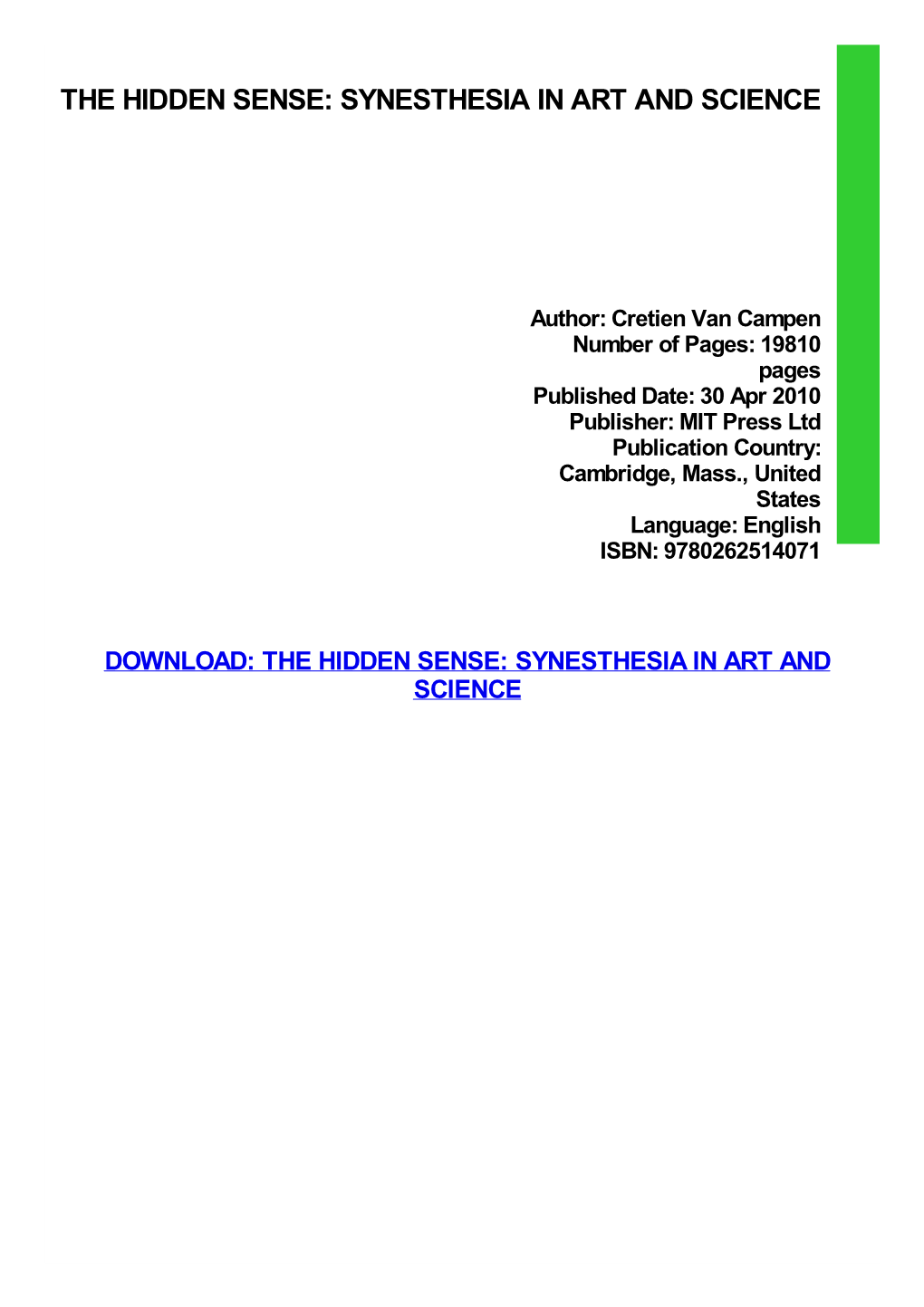 The Hidden Sense: Synesthesia in Art and Science Pdf Free