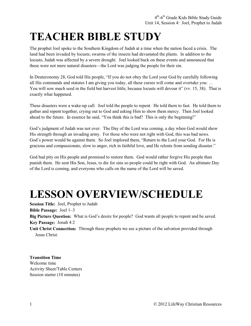 Teacher Bible Study Lesson Overview/Schedule