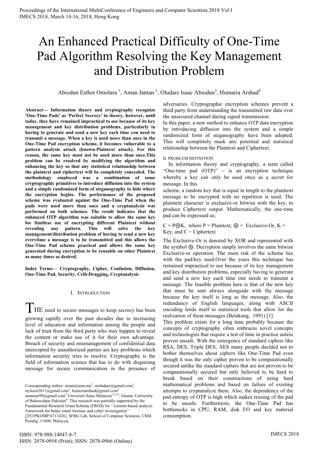 An Enhanced Practical Difficulty of One-Time Pad Algorithm Resolving the Key Management and Distribution Problem