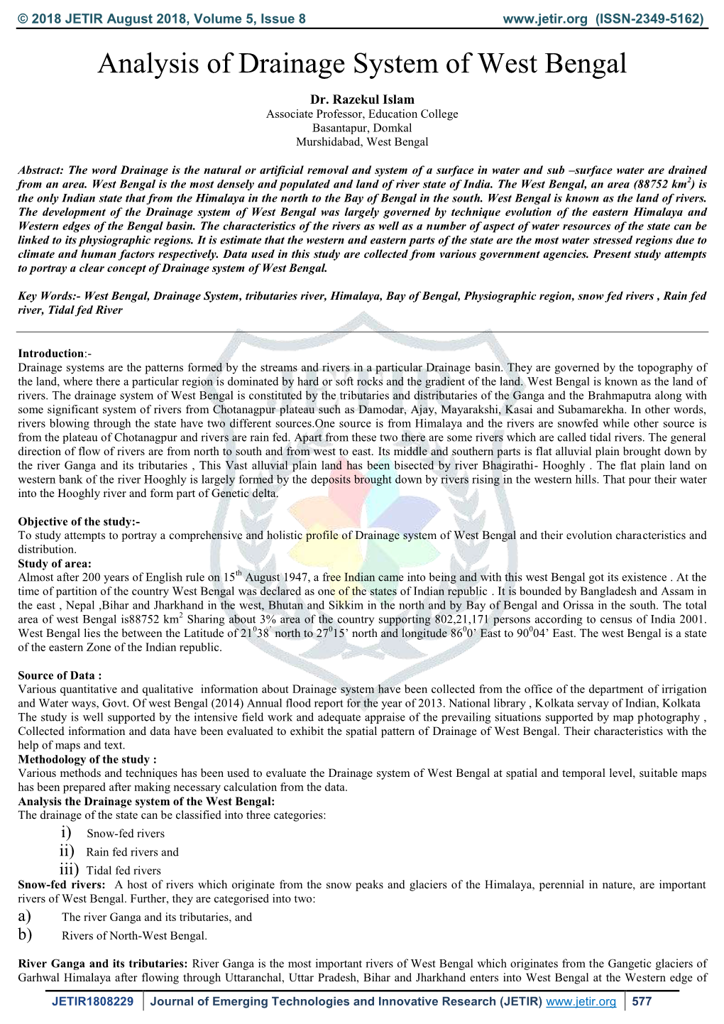 Analysis of Drainage System of West Bengal