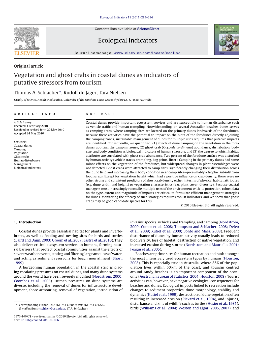 Vegetation and Ghost Crabs in Coastal Dunes As Indicators of Putative Stressors from Tourism