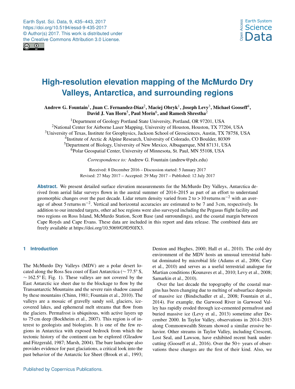 High-Resolution Elevation Mapping of the Mcmurdo Dry Valleys, Antarctica, and Surrounding Regions