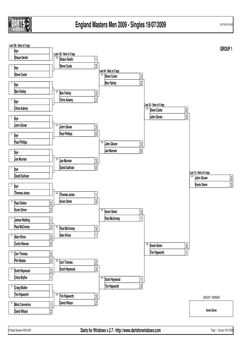 Darts for Windows V.2.7 - Page 1 - Sunday 19.07.2009 England Masters Men 2009 - Singles 19/07/2009 19/07/2009 19:02:45