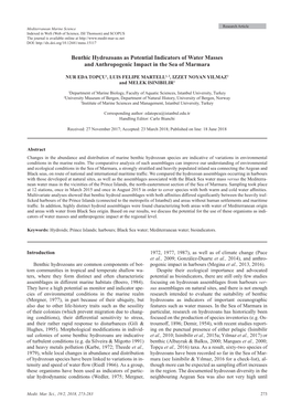 Benthic Hydrozoans As Potential Indicators of Water Masses and Anthropogenic Impact in the Sea of Marmara