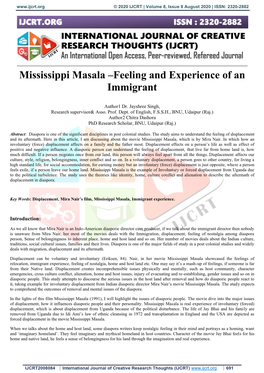 Mississippi Masala –Feeling and Experience of an Immigrant
