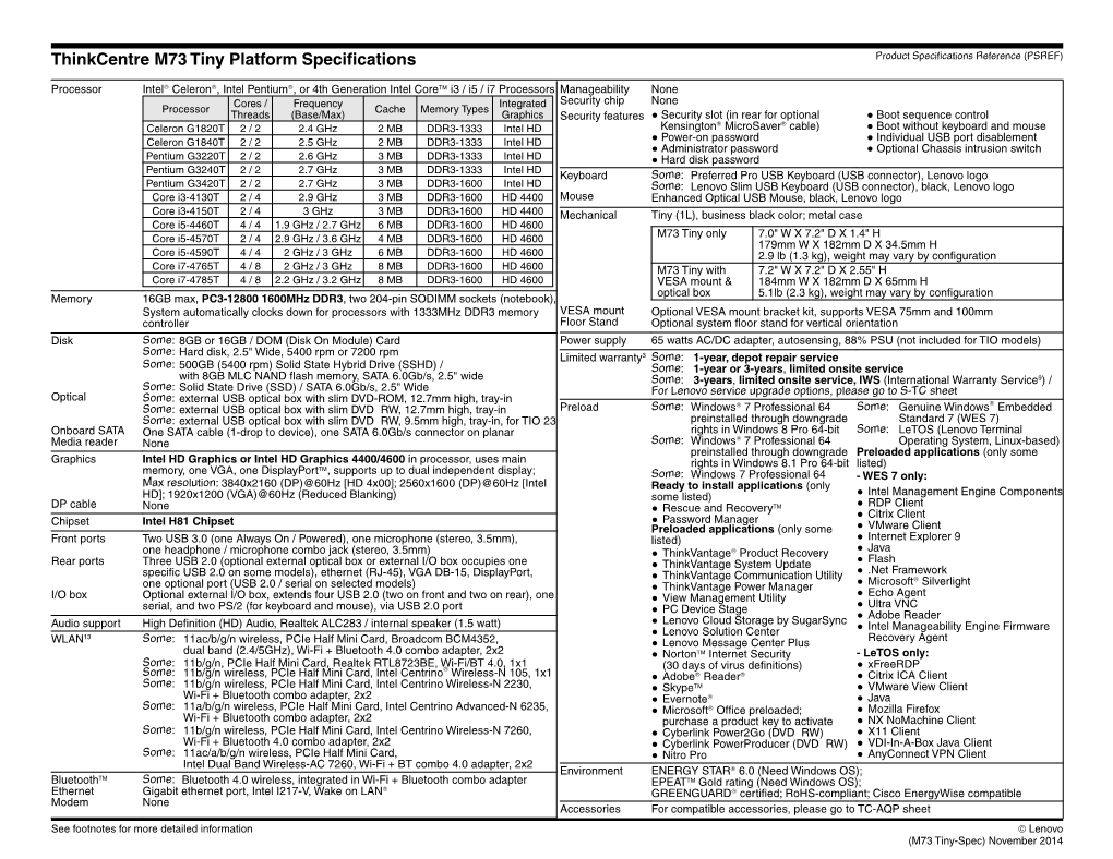 Thinkcentre M73 Tiny Platform Specifications Product Specifications Reference (PSREF)