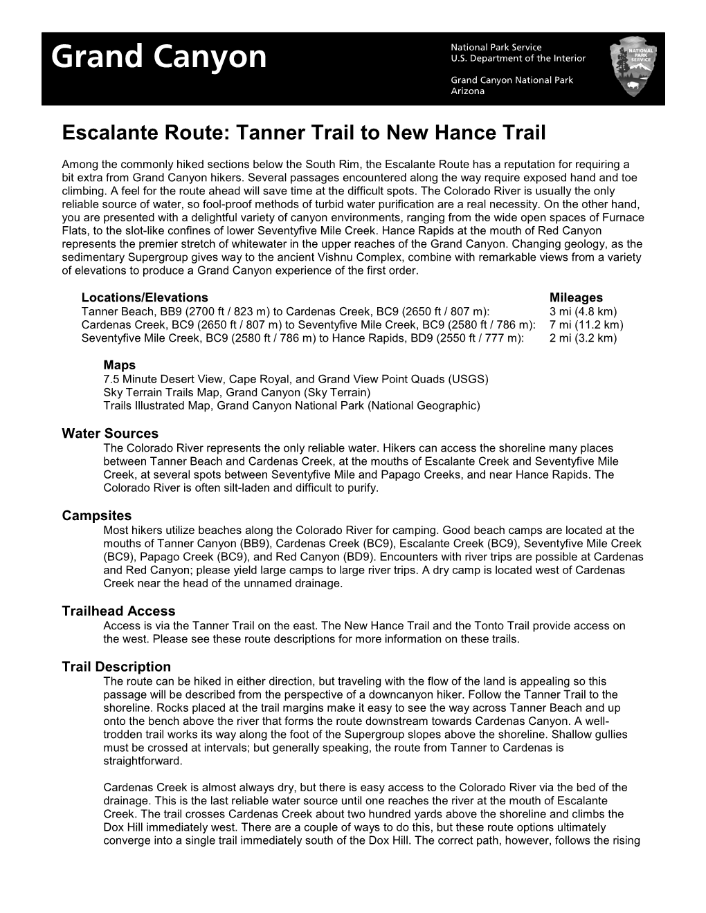 Escalante Route: Tanner Trail to New Hance Trail