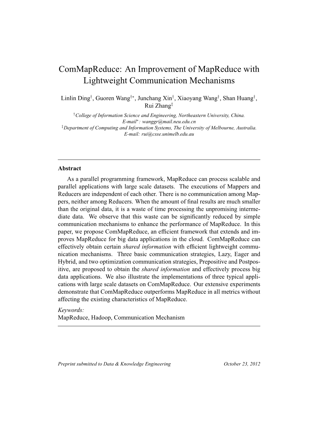 Commapreduce: an Improvement of Mapreduce with Lightweight Communication Mechanisms