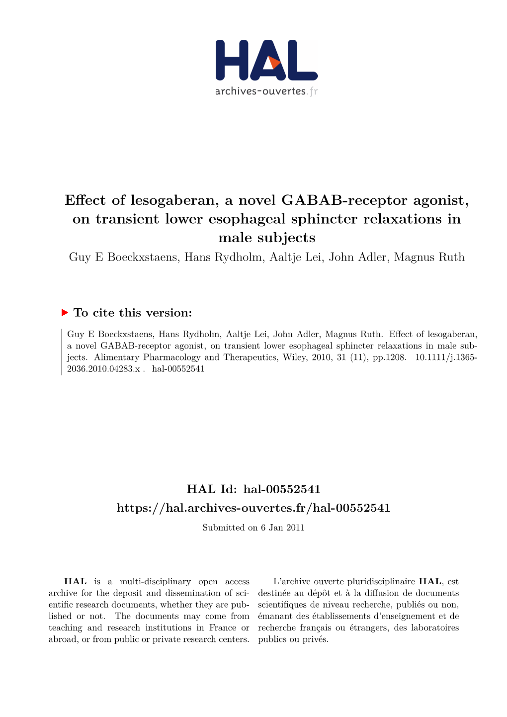 Effect of Lesogaberan, a Novel GABAB-Receptor Agonist, On
