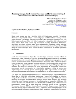 Balancing Energy, Food, Natural Resources and Environment in Nepal (An Assessment of 6720 MW Pancheshwar Multipurpose Project)