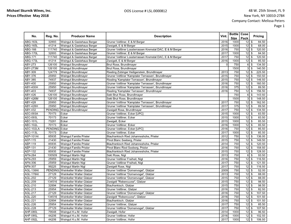 Michael Skurnik Wines, Inc. Prices Effective May 2018 OOS License # LSL.0000812 48 W. 25Th Street, FL 9 New York, NY 10010-2784
