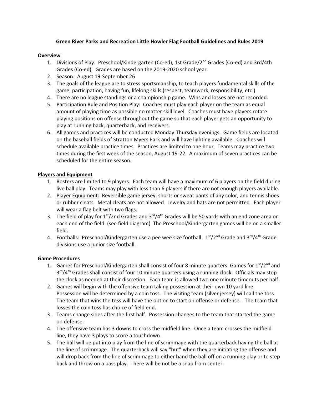 Green River Parks and Recreation Little Howler Flag Football Guidelines and Rules 2019