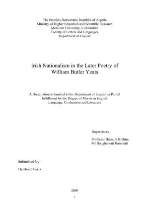 Irish Nationalism in the Later Poetry of William Butler Yeats