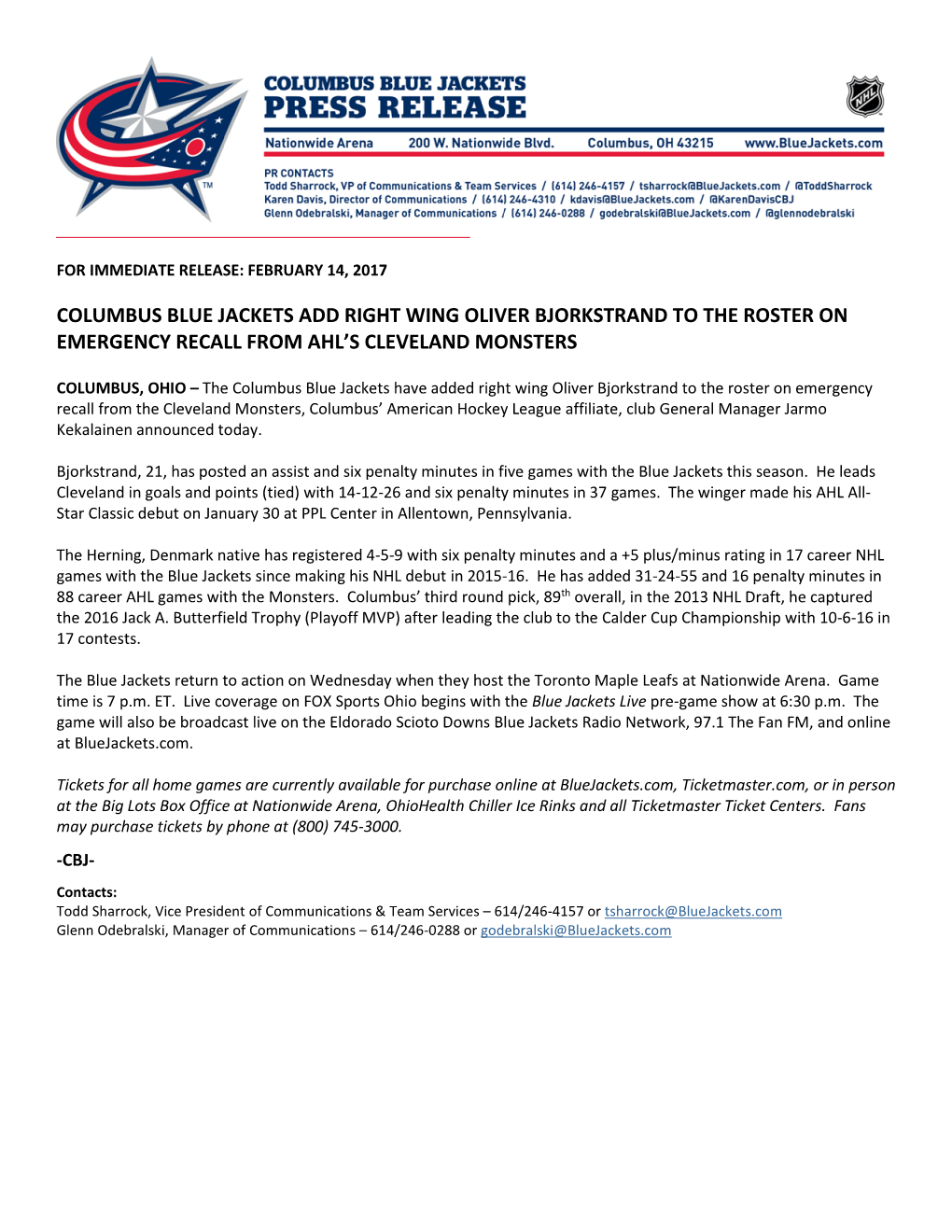 Columbus Blue Jackets Add Right Wing Oliver Bjorkstrand to the Roster on Emergency Recall from Ahl’S Cleveland Monsters
