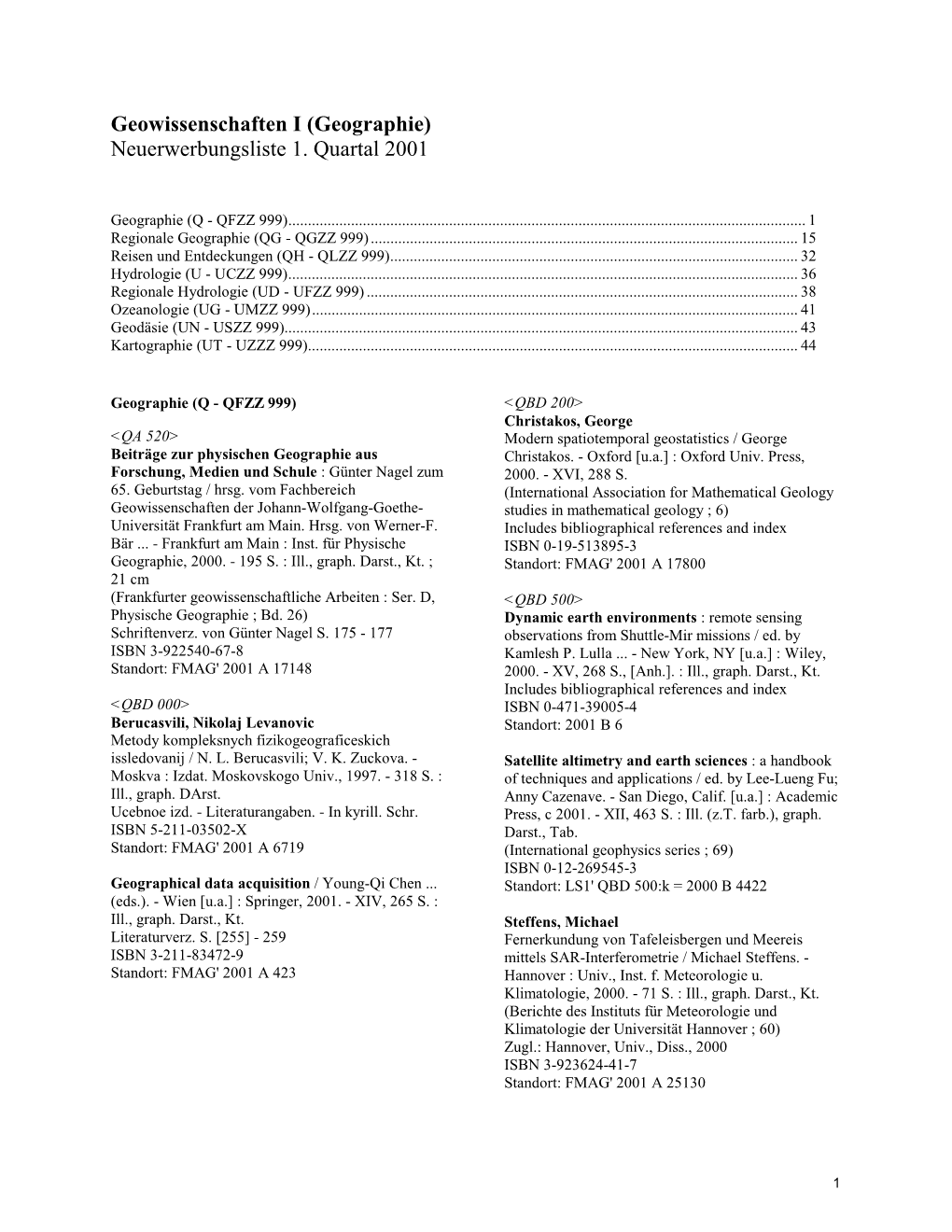 Geographie) Neuerwerbungsliste 1