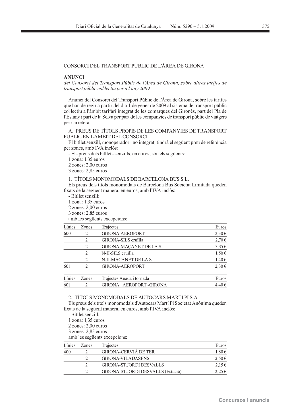 5.1.2009 575 Concursos I Anuncis CONSORCI DEL TRANSPORT