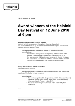Award Winners at the Helsinki Day Festival on 12 June 2018 at 6 Pm