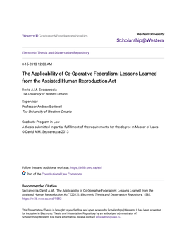 The Applicability of Co-Operative Federalism: Lessons Learned from the Assisted Human Reproduction Act