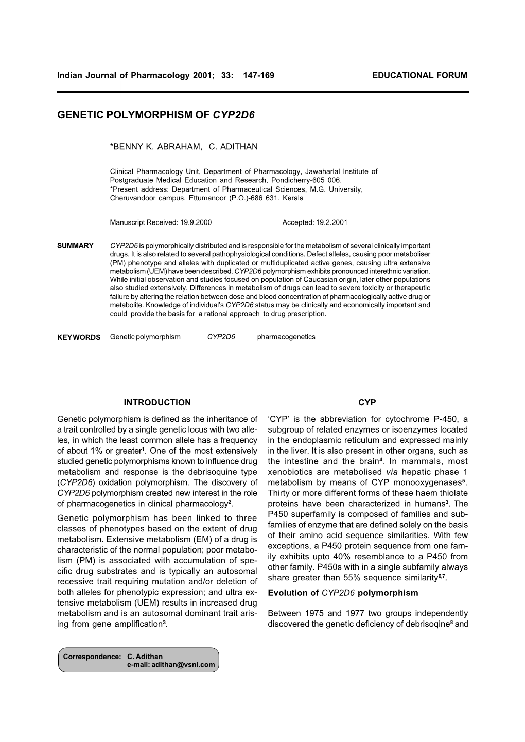 Genetic Polymorphism of Cyp2d6