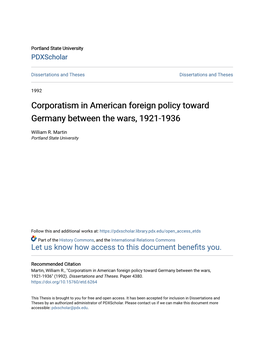 Corporatism in American Foreign Policy Toward Germany Between the Wars, 1921-1936
