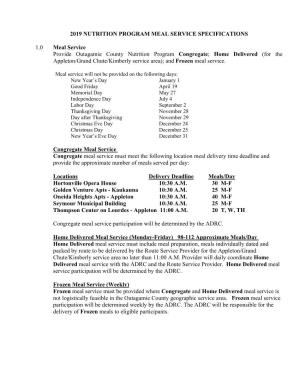2019 Nutrition Program Meal Service Specifications 1.0