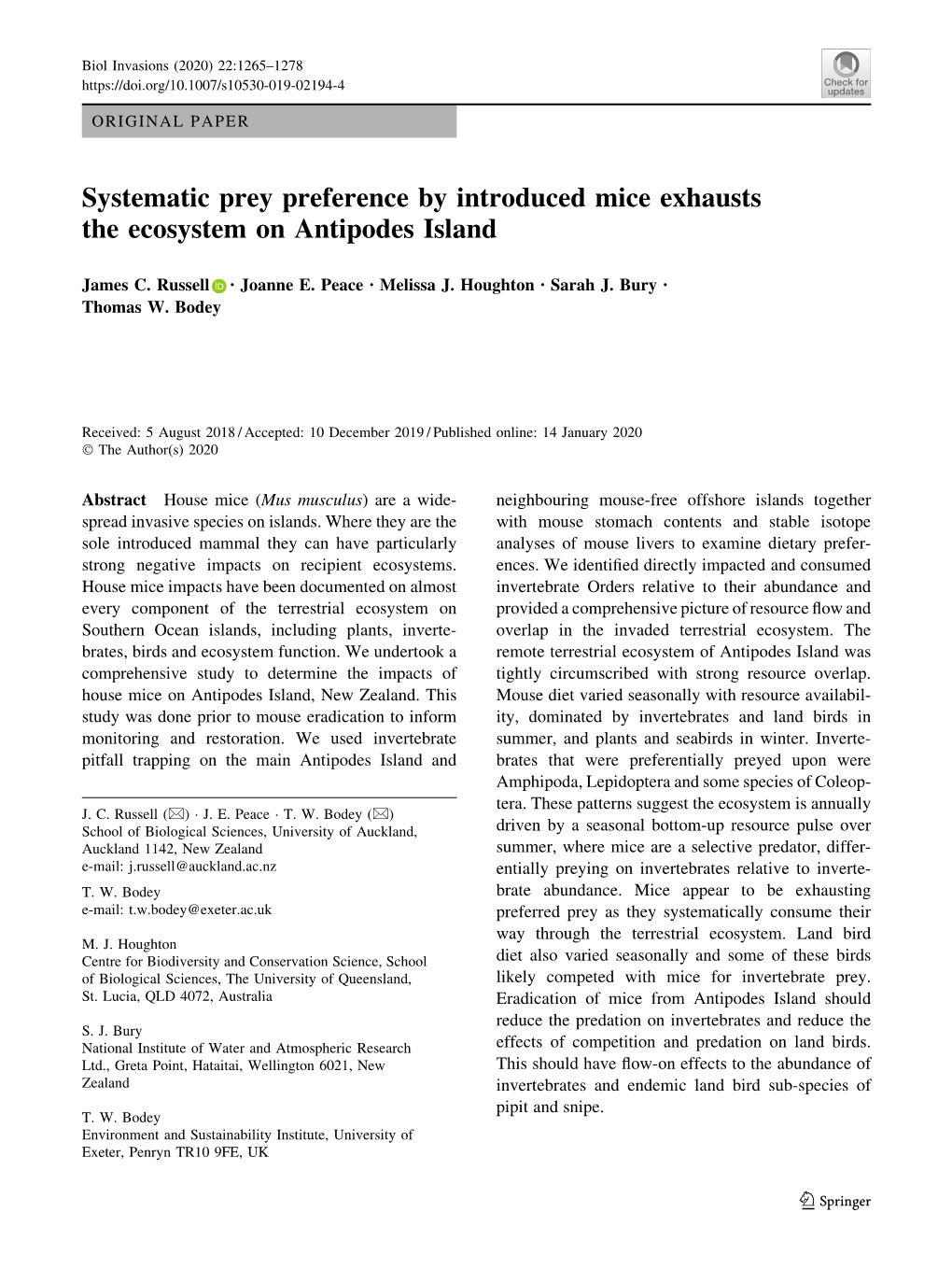 Systematic Prey Preference by Introduced Mice Exhausts the Ecosystem on Antipodes Island