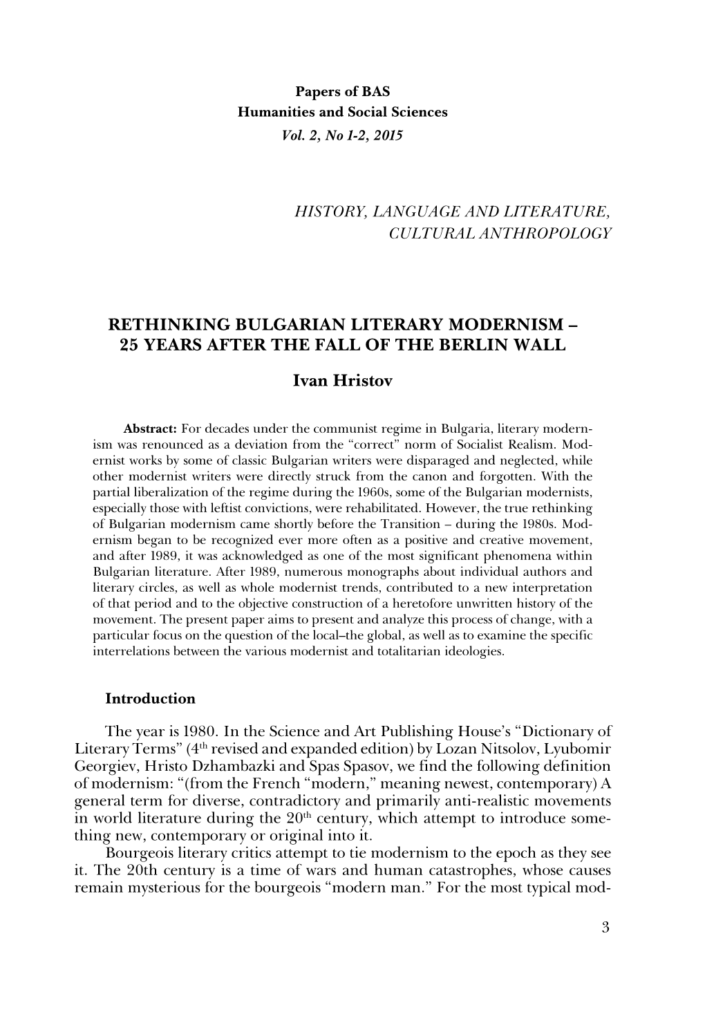 Rethinking Bulgarian Literary Modernism – 25 Years After the Fall of the Berlin Wall