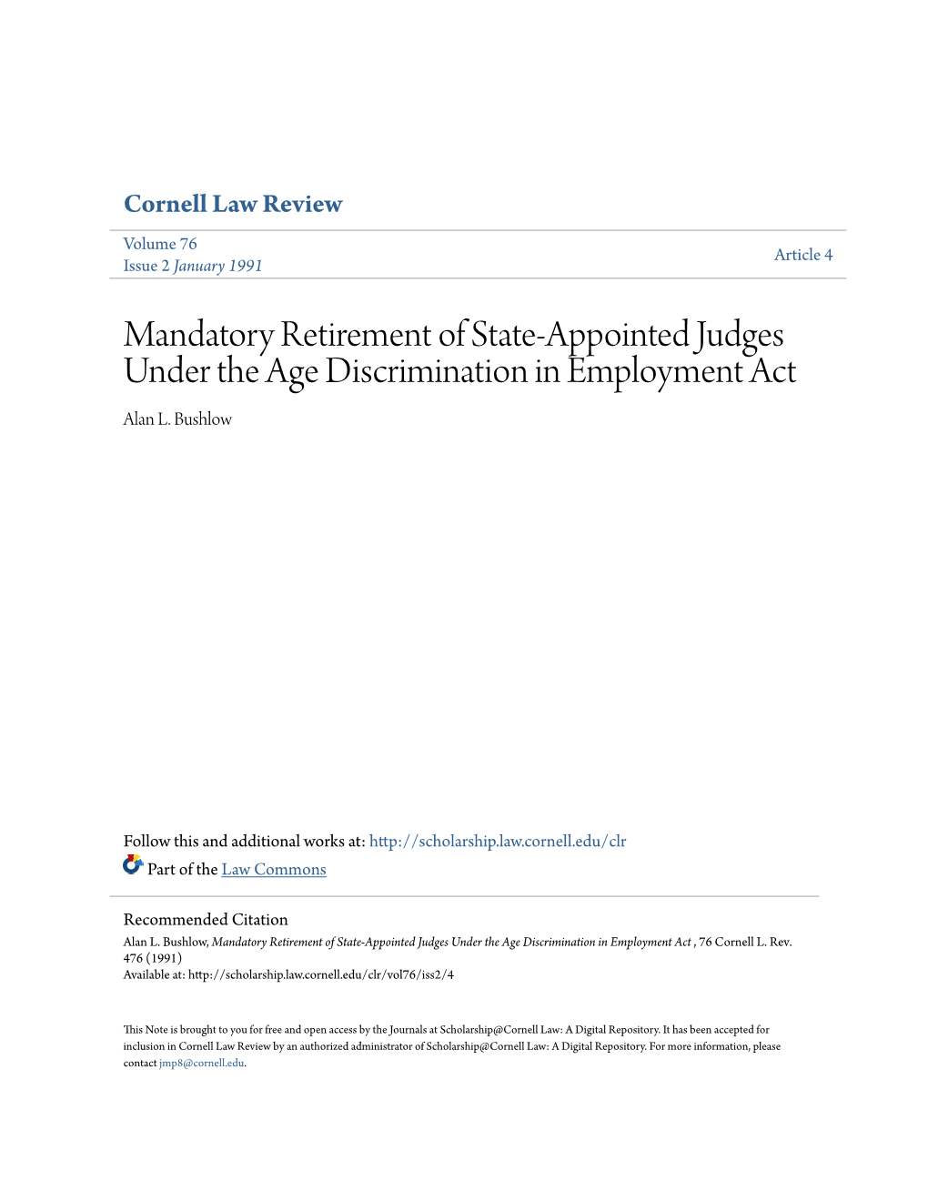 Mandatory Retirement of State-Appointed Judges Under the Age Discrimination in Employment Act Alan L