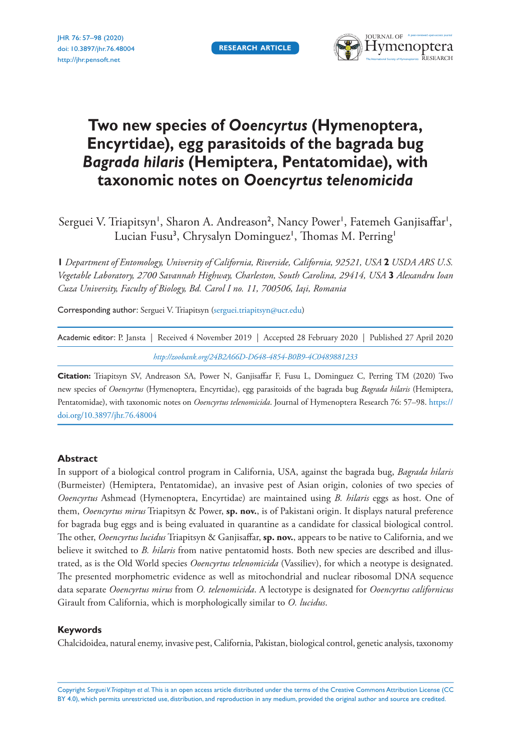 Egg Parasitoids of the Bagrada Bug Bagrada Hilaris (Hemiptera, Pentatomidae), with Taxonomic Notes on Ooencyrtus Telenomicida