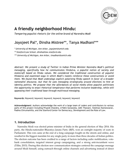 A Friendly Neighborhood Hindu: Tempering Populist Rhetoric for the Online Brand of Narendra Modi