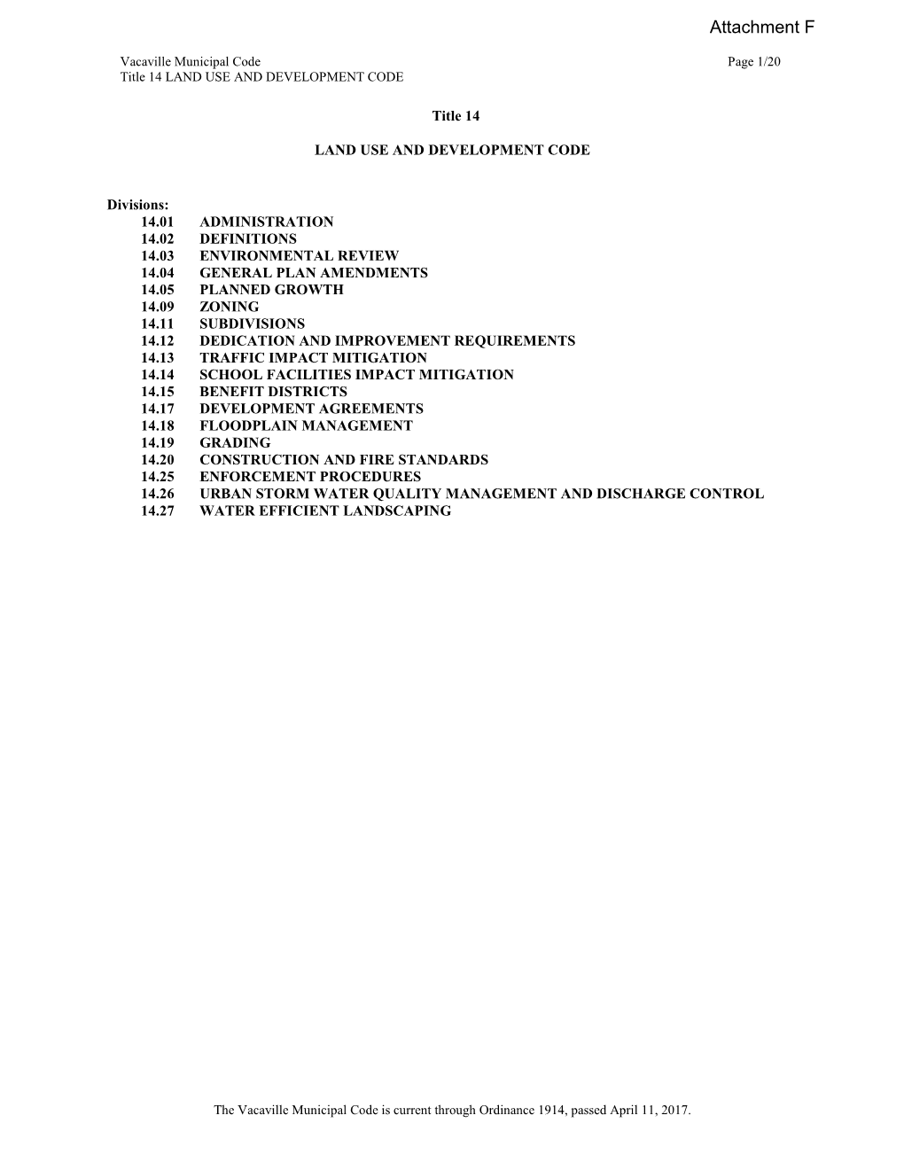 Vacaville Municipal Code Page 1/20 Title 14 LAND USE and DEVELOPMENT CODE