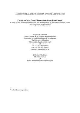 Corporate Real Estate Management in the Retail Sector a Study of the Relationship Between the Management of the Corporate Real Estate and Corporate Performance