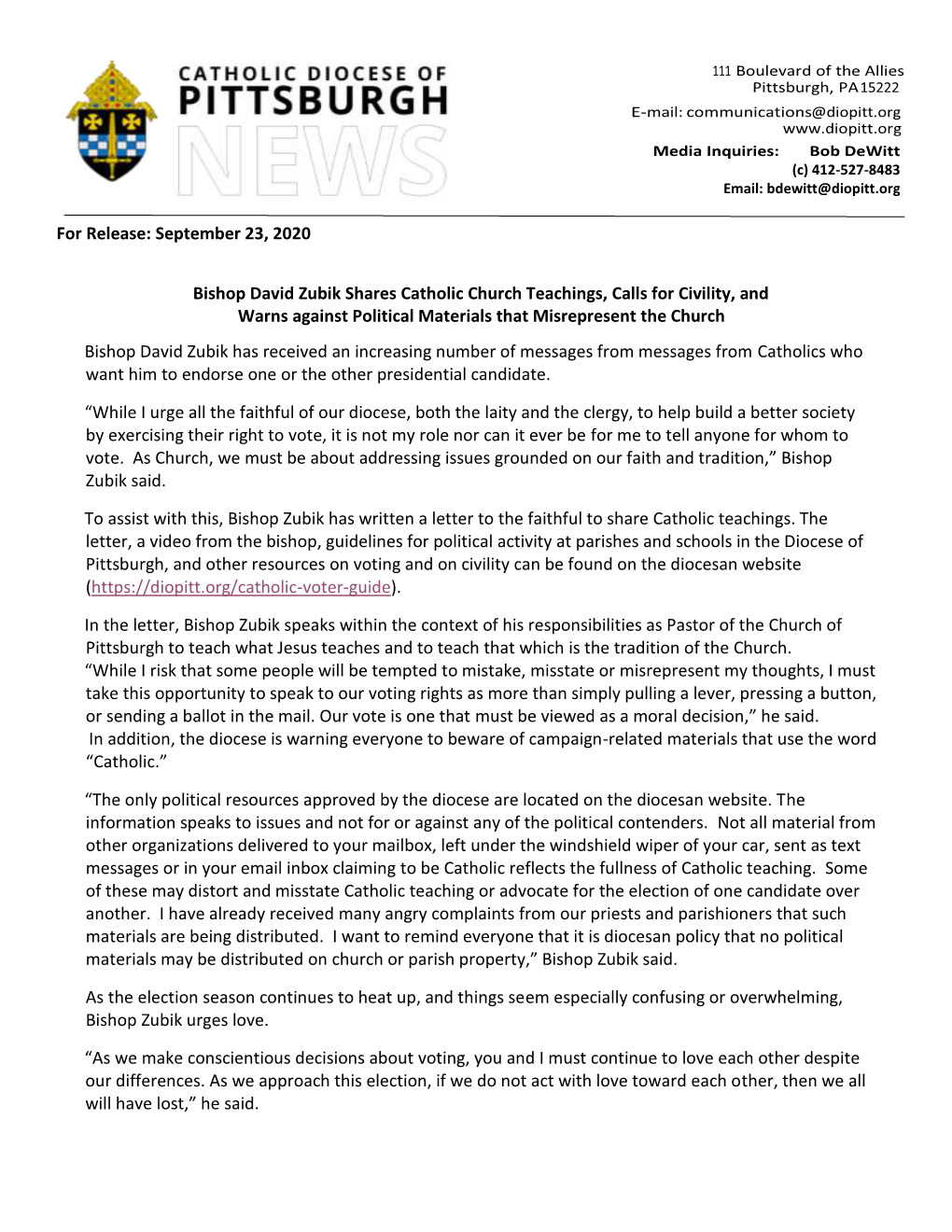 For Release: September 23, 2020 Bishop David Zubik Shares